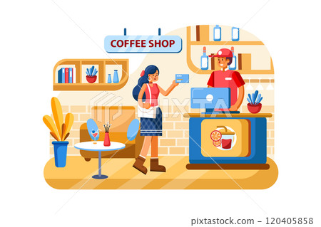 Credit card payment system with Coffee shop on the background. 120405858