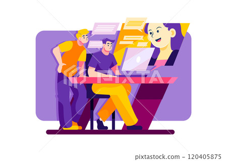 Two woman are having online meeting with a man 120405875