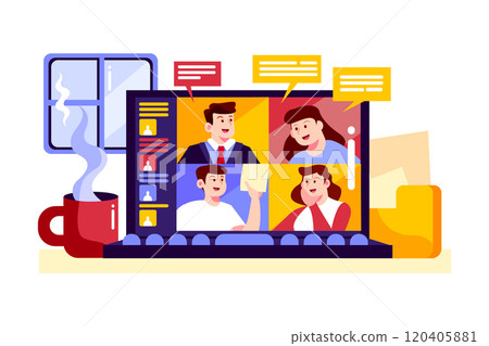 The laptop screen showing the online meeting of small business team 120405881