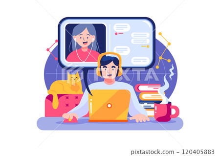 A boy and a girl are having online meeting by their laptop 120405883