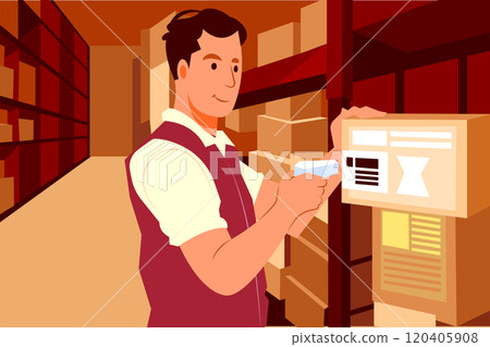 Warehouse worker scanning box while smiling at camera Warehouse worker scanning box while smiling at camera 120405908