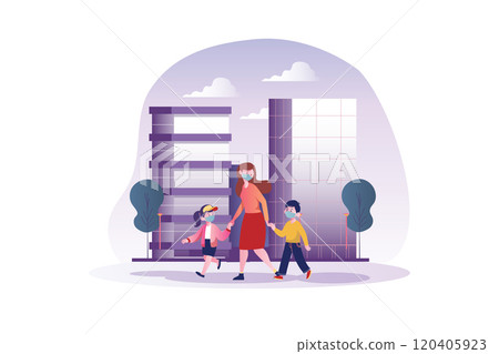 Mom and children with mask walking on street Mom and children with mask walking on street 120405923