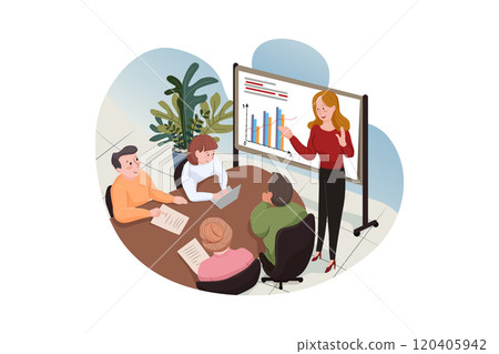 Young business woman giving presentation on future plans to her colleagues at office 120405942