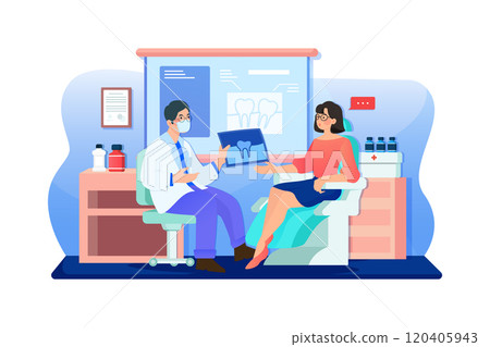 Woman sitting in dentist chair, listening doctors explanations about x-ray results Woman sitting in dentist chair, listening doctors explanations about x-ray results 120405943