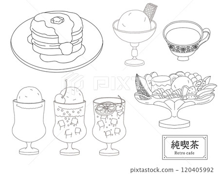 Pure coffee shop food set, hand-drawn line illustration Pure coffee shop food set, hand-drawn line illustration 120405992