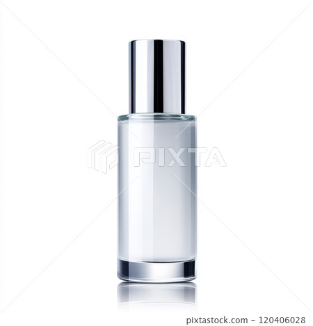 Elegant glass bottle with silver cap, perfect for perfumes or cosmetics. Its sleek design enhances any vanity or shelf display, adding touch of sophistication 120406028