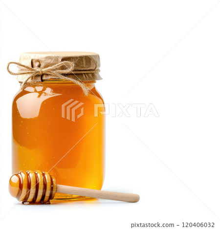 Fresh honey in glass jar with wooden dipper, showcasing its golden color and natural sweetness. Perfect for culinary uses and health benefits 120406032