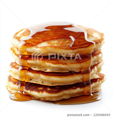 Delicious stack of fluffy pancakes drizzled with golden syrup, perfect for breakfast. Enjoy warm, sweet flavors that make mornings special Delicious stack of fluffy pancakes drizzled with golden syrup, perfect for breakfast. Enjoy warm, sweet flavors that make mornings special 120406043
