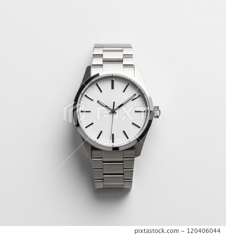 Sleek silver watch with minimalist white dial and black markers, perfect for any occasion. Its elegant design combines style and functionality seamlessly 120406044