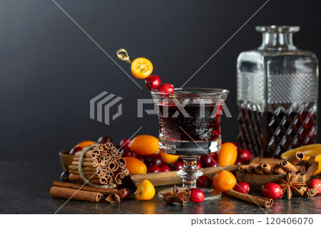 Winted drink with spices, cranberries, and citrus fruits on a black background. Winted drink with spices, cranberries, and citrus fruits on a black background. 120406070