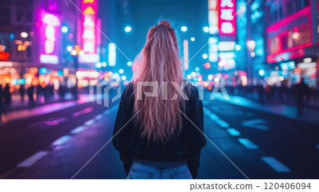 Young woman with long blonde hair stands on city street at night, surrounded by vibrant neon lights and bustling atmosphere, evoking sense of adventure and exploration Young woman with long blonde hair stands on city street at night, surrounded by vibrant neon lights and bustling atmosphere, evoking sense of adventure and exploration 120406094