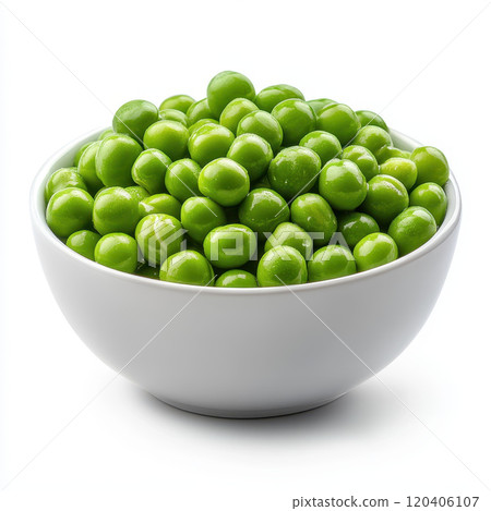 Fresh green peas in white bowl, showcasing their vibrant color and natural shine, perfect for healthy meals and snacks 120406107