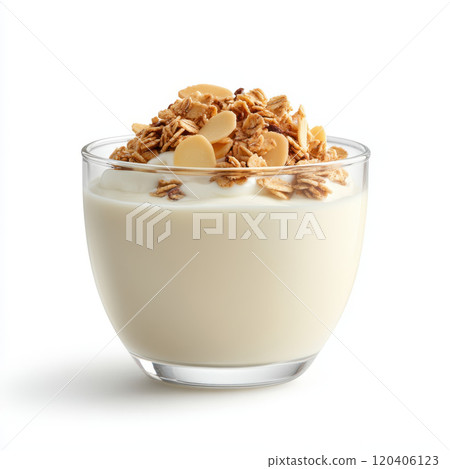 Creamy yogurt topped with crunchy granola and sliced almonds in glass bowl. This delicious and healthy snack is perfect for breakfast or light dessert 120406123