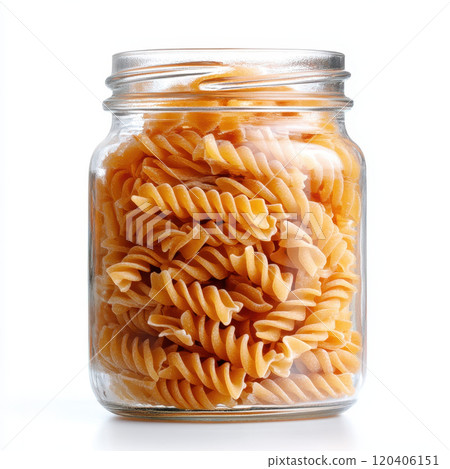 clear glass jar filled with layered dried pasta, showcasing variety of shapes and textures. vibrant colors of pasta create inviting and appetizing display 120406151