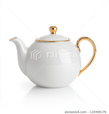 Elegant white ceramic teapot with gold accent and curved handle, perfect for serving tea in style. Ideal for tea lovers and special occasions Elegant white ceramic teapot with gold accent and curved handle, perfect for serving tea in style. Ideal for tea lovers and special occasions 120406176