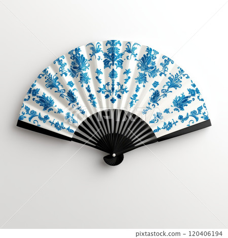 decorative hand fan featuring intricate blue floral patterns on white background, perfect for adding elegance to any setting 120406194