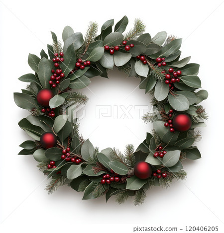 decorative holiday wreath featuring vibrant red ornaments and lush green foliage, perfect for festive decor. This beautiful piece adds cheerful touch to any space 120406205