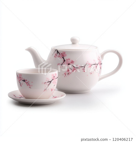 decorative porcelain tea set featuring floral patterns, including teapot, cup, and saucer. delicate cherry blossom design adds elegance to any tea time 120406217