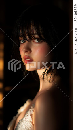 woman with short dark hair and soft lighting highlights her features, creating serene and intimate atmosphere. She gazes thoughtfully, with shadows adding depth to scene woman with short dark hair and soft lighting highlights her features, creating serene and intimate atmosphere. She gazes thoughtfully, with shadows adding depth to scene 120406239