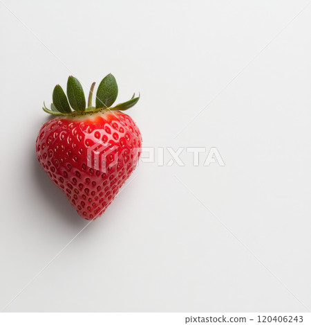 Fresh red strawberry with green leaves on white background, showcasing its vibrant color and texture, perfect for healthy eating and desserts 120406243