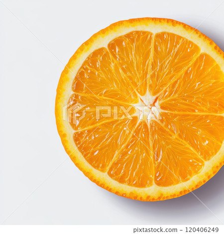 Fresh orange slice with vibrant color and juicy texture, perfect for healthy snacks or beverages. Enjoy refreshing taste and bright appearance! 120406249