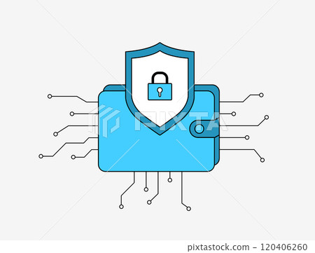 Digital wallet security concept with multi-chain crypto wallet icon. Blockchain, cryptocurrency, online transactions, secure payments, fintech and digital asset protection isolated vector illustration 120406260