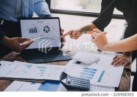 Fund managers team consultation and discuss about analysis Investment stock market at office 120406303