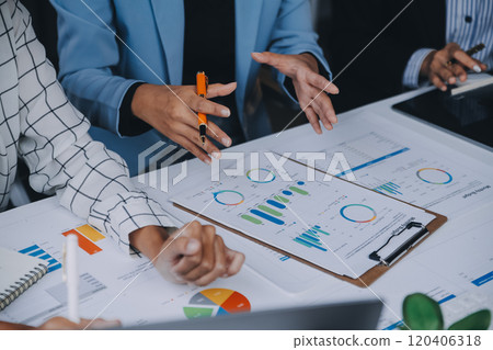 Fund managers team consultation and discuss about analysis Investment stock market at office 120406318