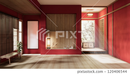 Red dark color wall on Empty room japanese traditional style interior.3D rendering 120406544
