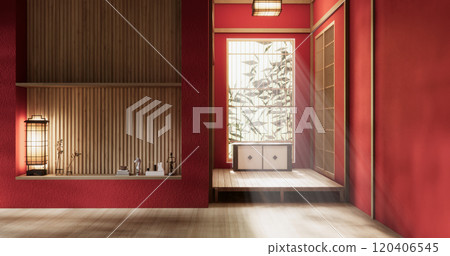 Red dark color wall on Empty room japanese traditional style interior.3D rendering 120406545