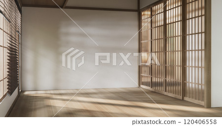 Empty room,Clean japanese traditional style wooden design minimalist room interior, 3D rendering 120406558