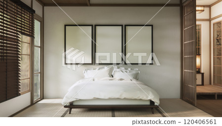 Bedroom japanese minimal style.,Modern white wall and wooden floor, room minimalist. 3D rendering Bedroom japanese minimal style.,Modern white wall and wooden floor, room minimalist. 3D rendering 120406561