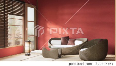 Viva magenta Living room with red wall and lowtable japandi style.3D rendering 120406564
