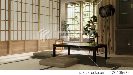 low table in room Japanese style with decoration muji minimal. 3D rendering low table in room Japanese style with decoration muji minimal. 3D rendering 120406674