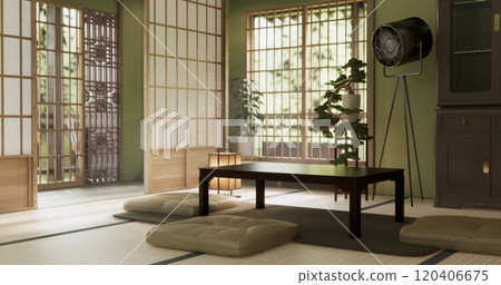 low table in room Japanese style with decoration muji minimal. 3D rendering low table in room Japanese style with decoration muji minimal. 3D rendering 120406675