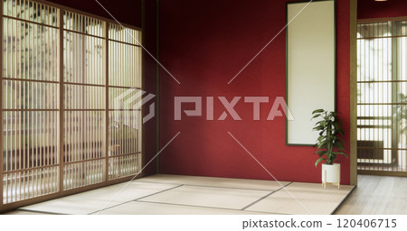 The interior color Red room inteior with tatami mat floor.3D rendering 120406715