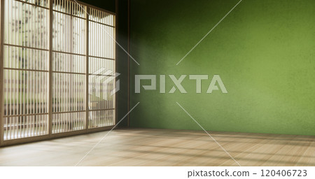 Wabisabi style living interior Green japanese room.3D rendering Wabisabi style living interior Green japanese room.3D rendering 120406723