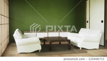 Sofa and low table in living room Japanese style. 3D rendering Sofa and low table in living room Japanese style. 3D rendering 120406731