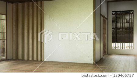 Clean modern japanese traditional style wooden design minimalist room interior, 3D rendering Clean modern japanese traditional style wooden design minimalist room interior, 3D rendering 120406737