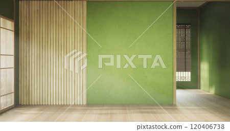 Wabisabi style living interior Green japanese room.3D rendering Wabisabi style living interior Green japanese room.3D rendering 120406738