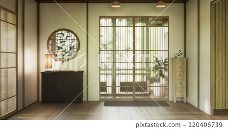 Clean modern japanese traditional style wooden design minimalist room interior, 3D rendering Clean modern japanese traditional style wooden design minimalist room interior, 3D rendering 120406739