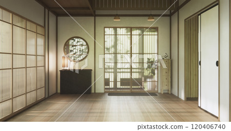 Clean modern japanese traditional style wooden design minimalist room interior, 3D rendering Clean modern japanese traditional style wooden design minimalist room interior, 3D rendering 120406740