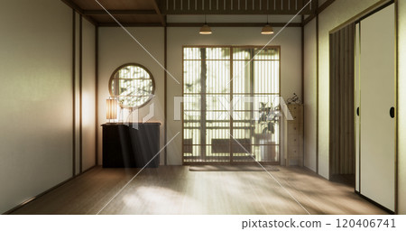Clean modern japanese traditional style wooden design minimalist room interior, 3D rendering Clean modern japanese traditional style wooden design minimalist room interior, 3D rendering 120406741