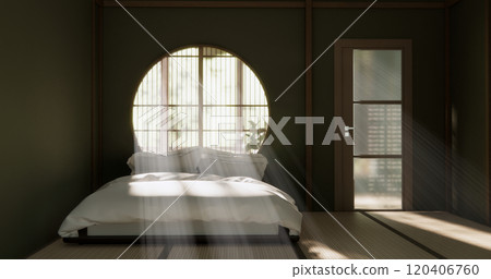 Bedroom japanese minimal style.,Modern white wall and wooden floor, room minimalist. 3D rendering 120406760