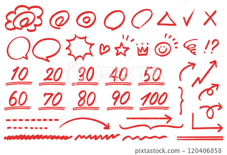 A set of handwritten marks, flower circles, arrows, etc. for marking tests (red) A set of handwritten marks, flower circles, arrows, etc. for marking tests (red) 120406858