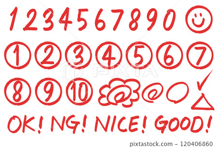 一組手寫數字、花圈和英文單字（紅色） 120406860