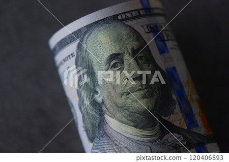United States dollar (US$) 100 dollar bill featuring Benjamin Franklin 120406893