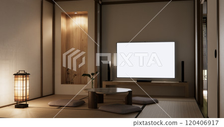 low table in room Japanese style with decoration muji minimal. 3D rendering low table in room Japanese style with decoration muji minimal. 3D rendering 120406917