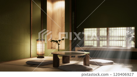 low table in room Japanese style with decoration muji minimal. 3D rendering low table in room Japanese style with decoration muji minimal. 3D rendering 120406927