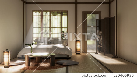 Bedroom japanese minimal style.,Modern white wall and wooden floor, room minimalist. Bedroom japanese minimal style.,Modern white wall and wooden floor, room minimalist. 120406956
